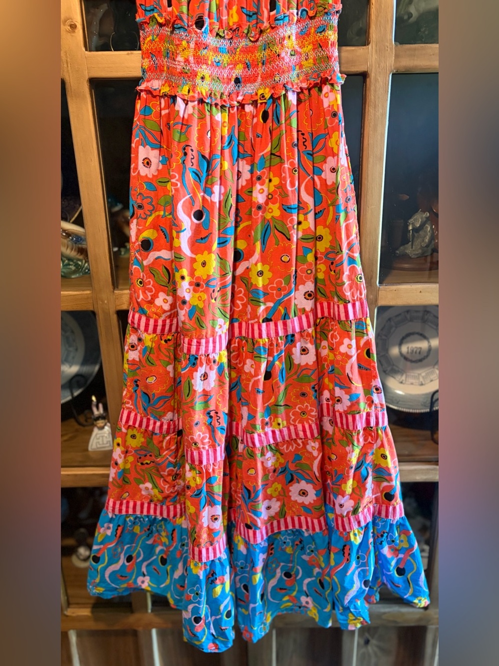 Printfresh Penciled In Dress Size Medium Bright Floral Maxi Dress Coral & Blue - Picture 9 of 11